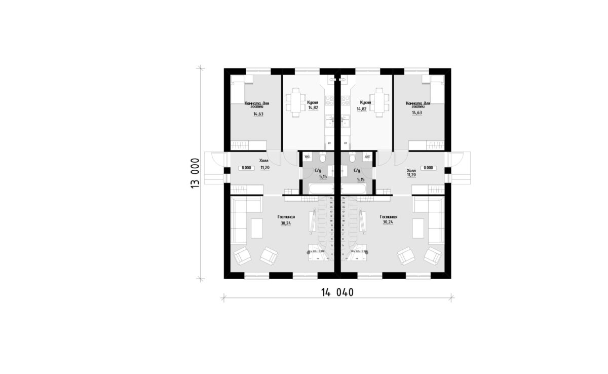 Фото планировка первого этажа проекта дуплекса или таунхауса P259 с общей площадью 244 м2 - от компании Проект23