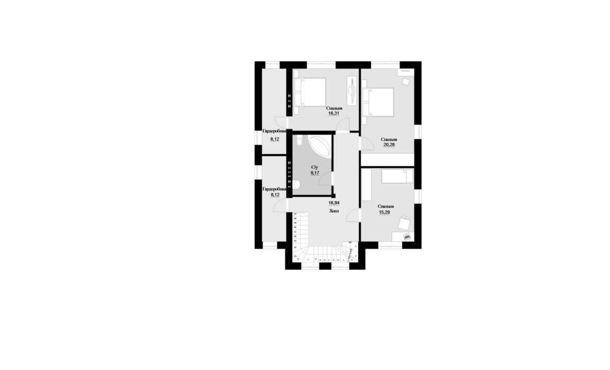 Фото планировка второго этажа проекта трехэтажного дома P150 с общей площадью 206 м2 - от компании Проект23