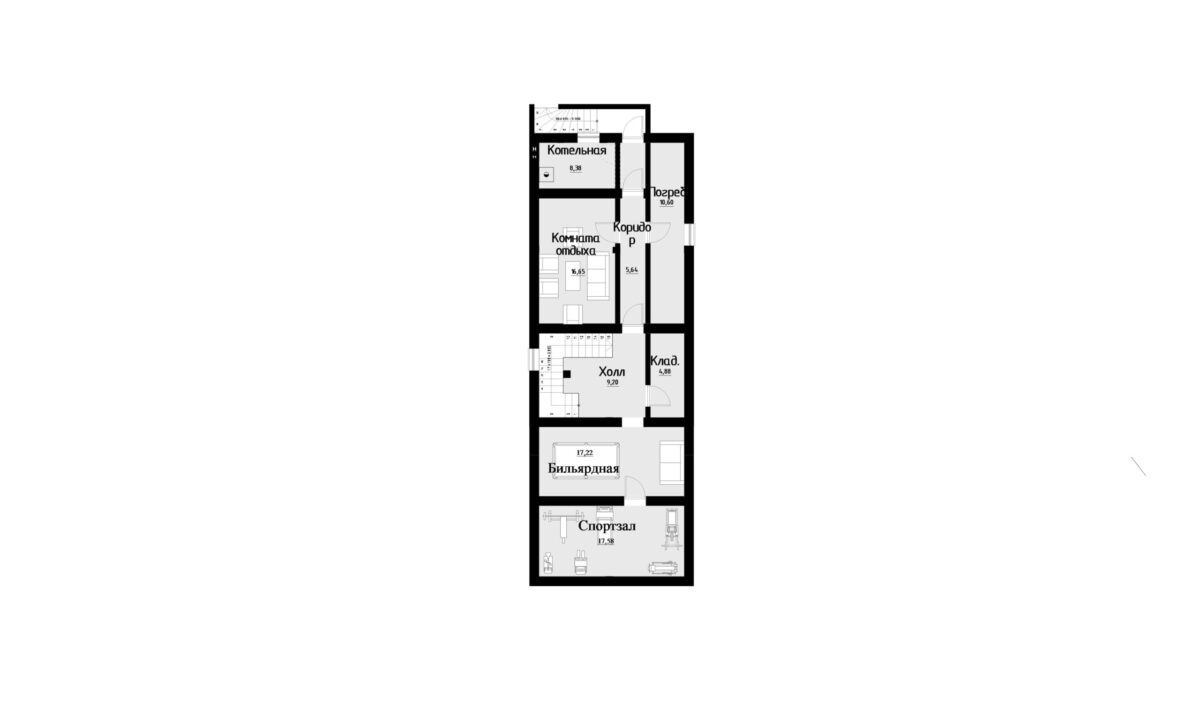 Фото планировка цокольного этажа проекта трехэтажного дома P206-1 с общей площадью 241 м2 - от компании Проект23
