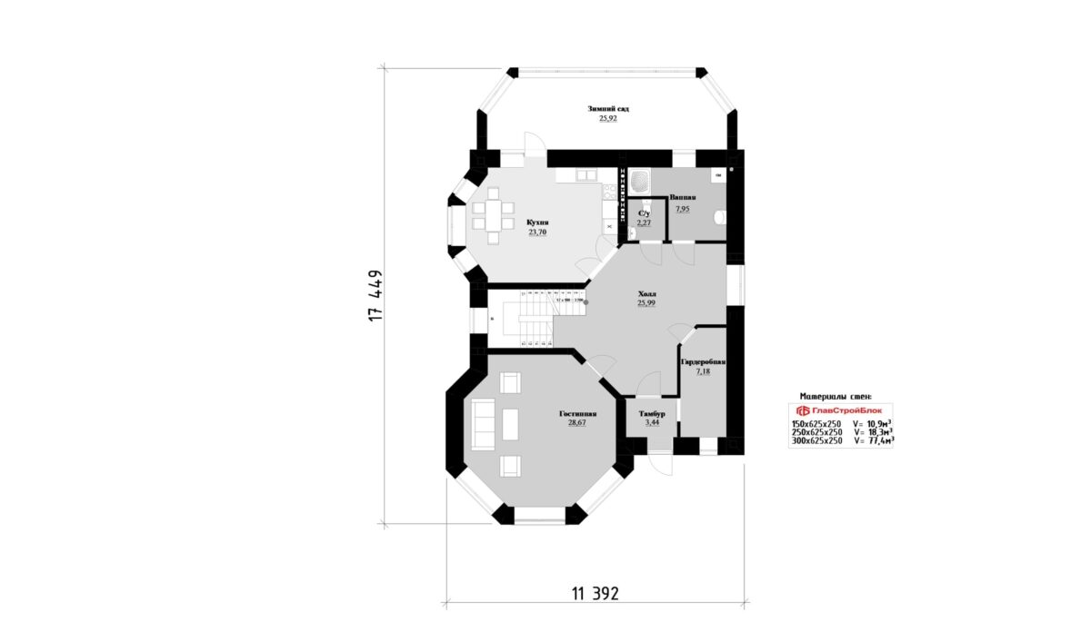 Фото планировка первого этажа проекта трехэтажного дома P127 с общей площадью 282 м2 - от компании Проект23