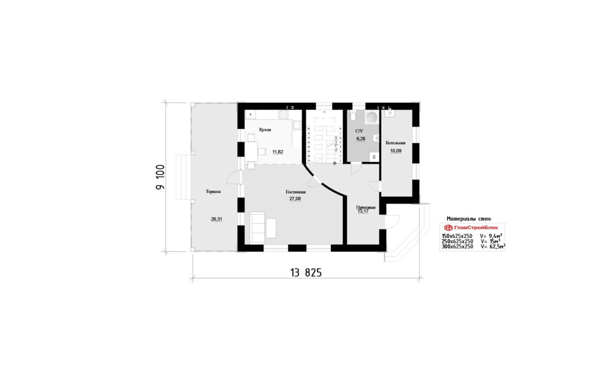 Фото планировка первого этажа проекта двухэтажного дома P101 с общей площадью 150 м2 - от компании Проект23