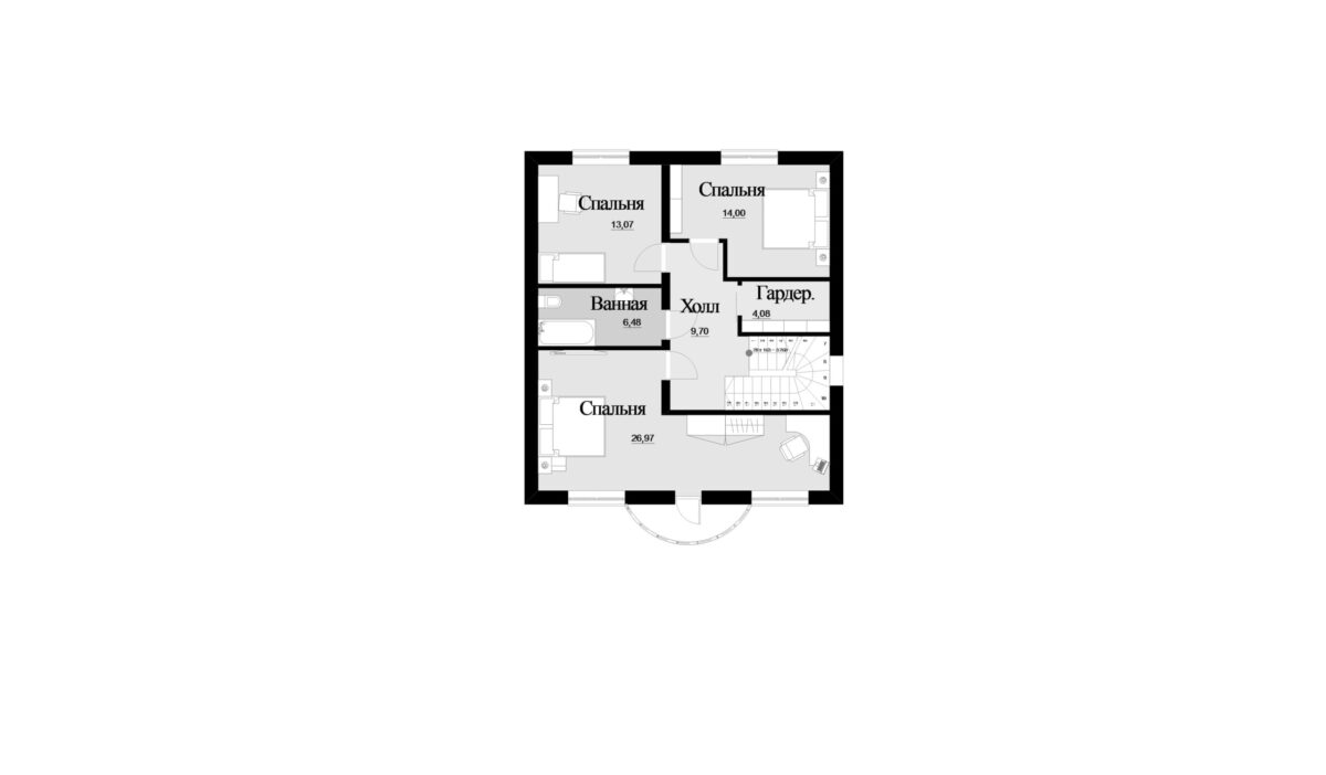 Фото планировка второго этажа проекта трехэтажного дома P203 с общей площадью 154 м2 - от компании Проект23