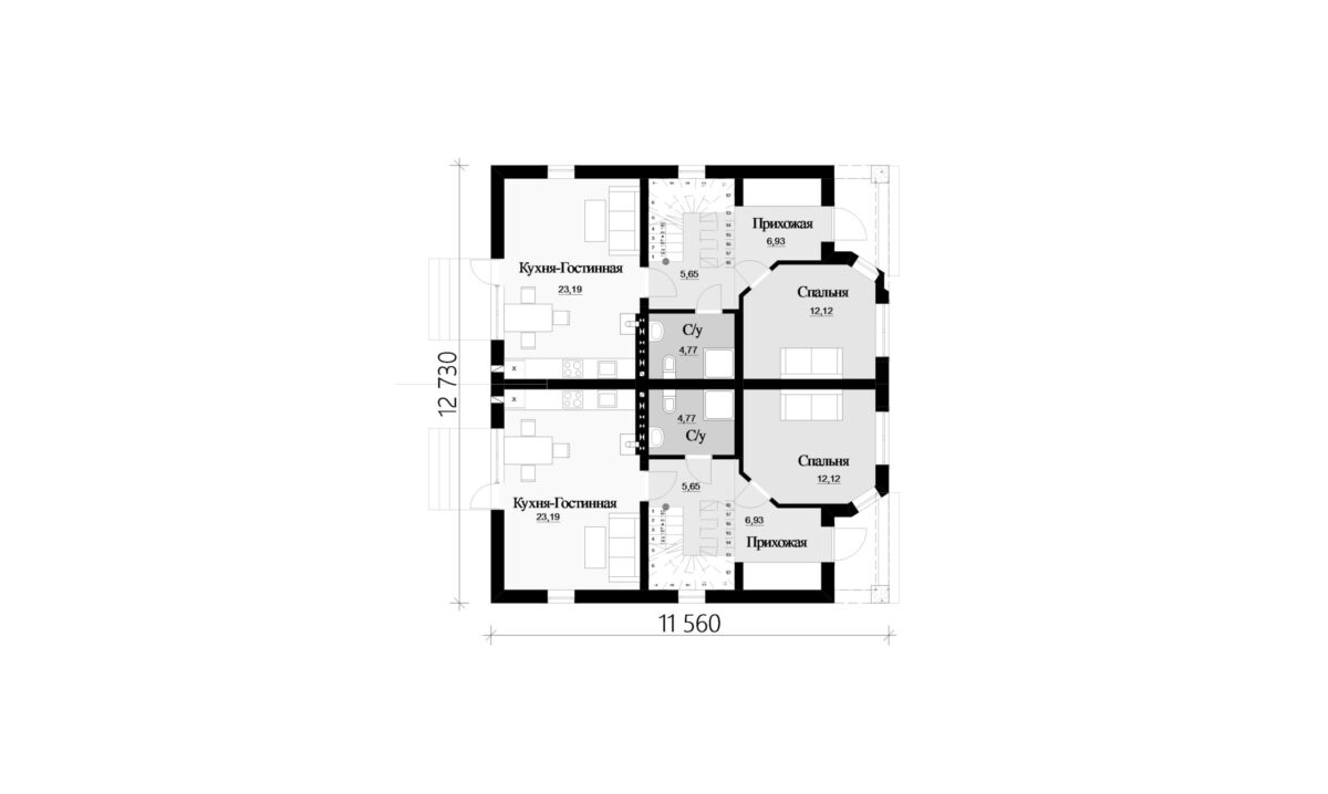 Фото планировка первого этажа проекта двухэтажного дома P216 с общей площадью 216 м2 - от компании Проект23