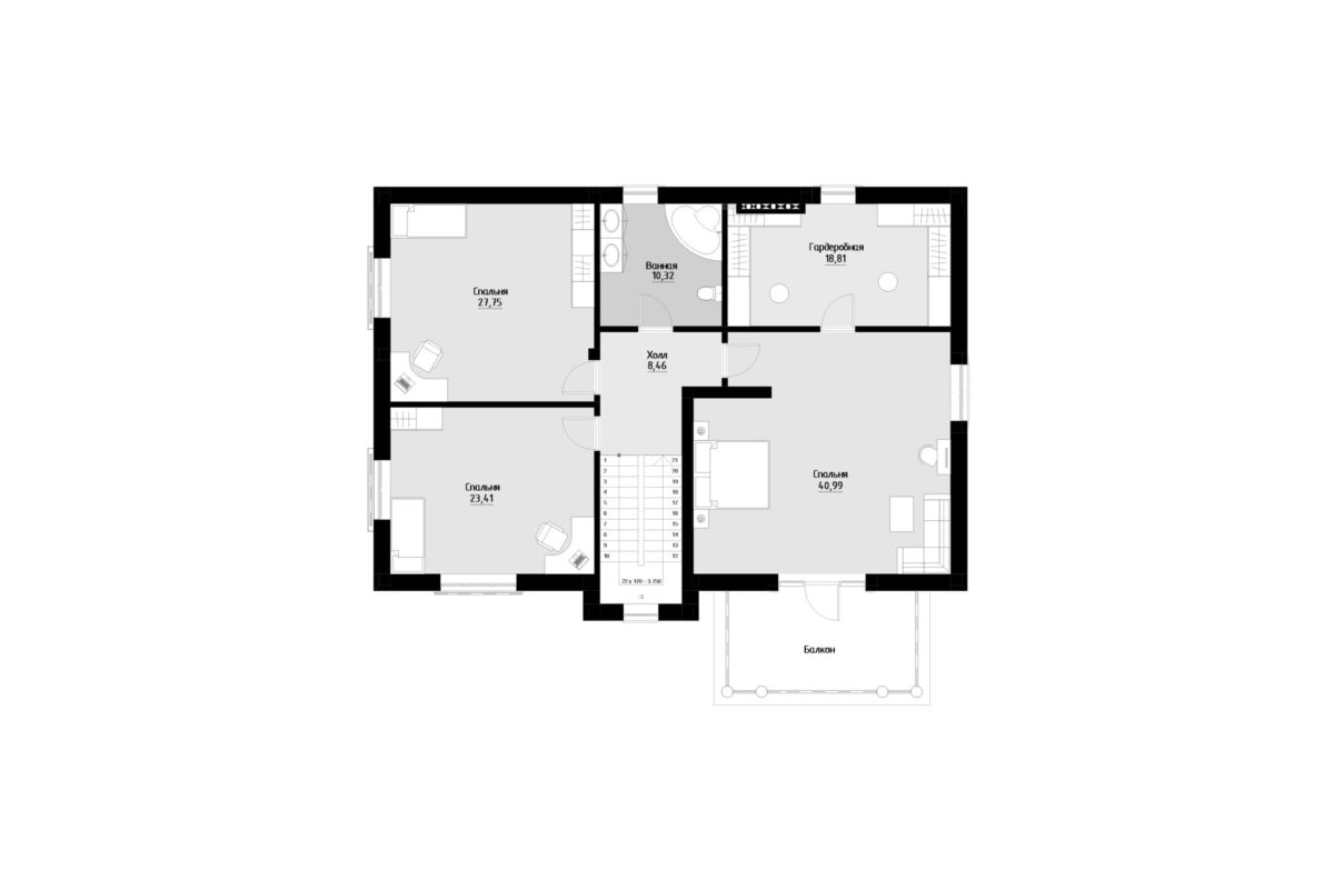 Фото планировка второго этажа проекта двухэтажного дома P240 с общей площадью 270 м2 - от компании Проект23